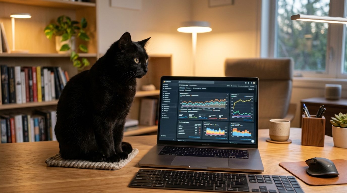 Un chat noir observant un écran d'ordinateur affichant des données de référencement web