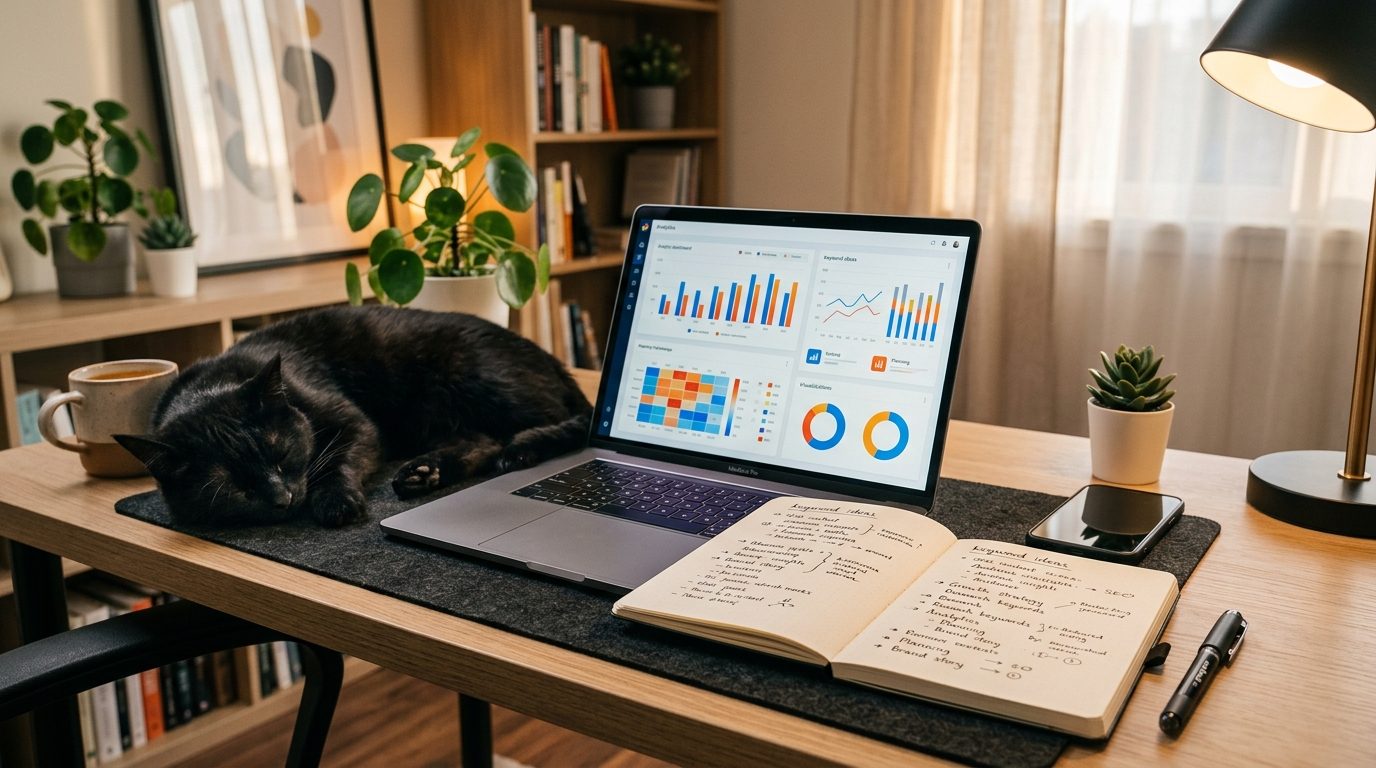Bureau de travail montrant des graphiques de performance et des notes de sélection de mots-clés publicitaires