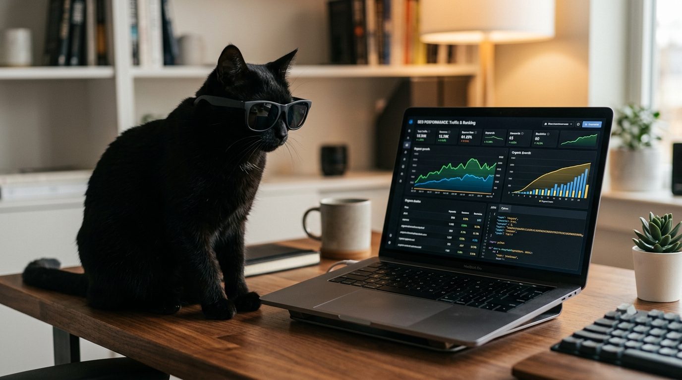 Chat noir stylé observant des graphiques SEO sur un ordinateur portable