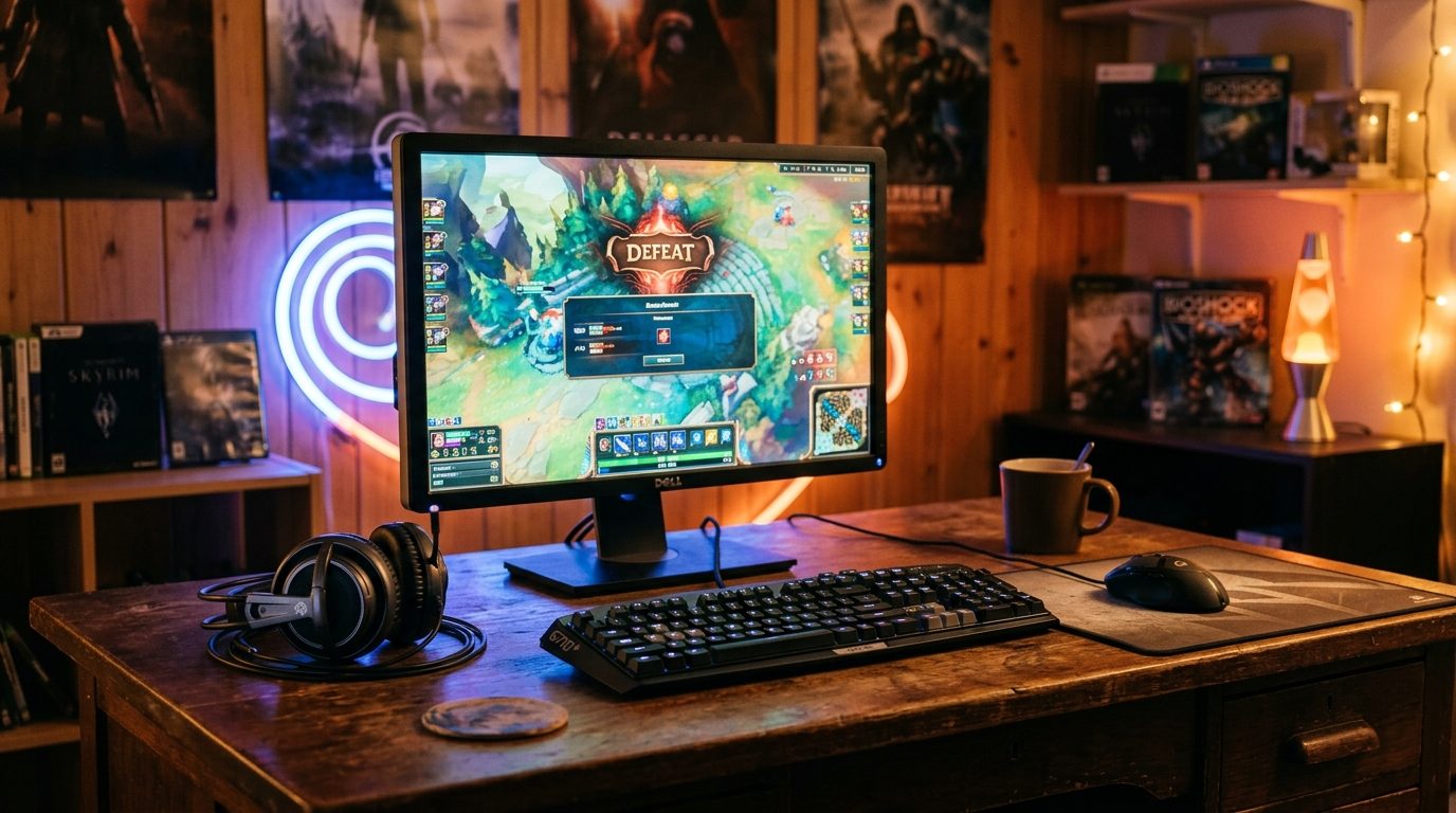 Bureau de gamer rétro avec écran illustrant une partie de jeu vidéo multijoueur