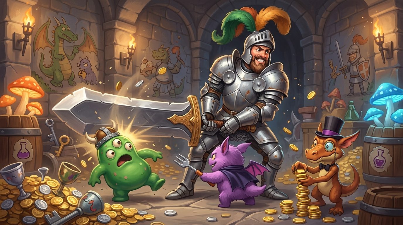 Chevalier en armure combattant dans un donjon médiéval fantastique coloré
