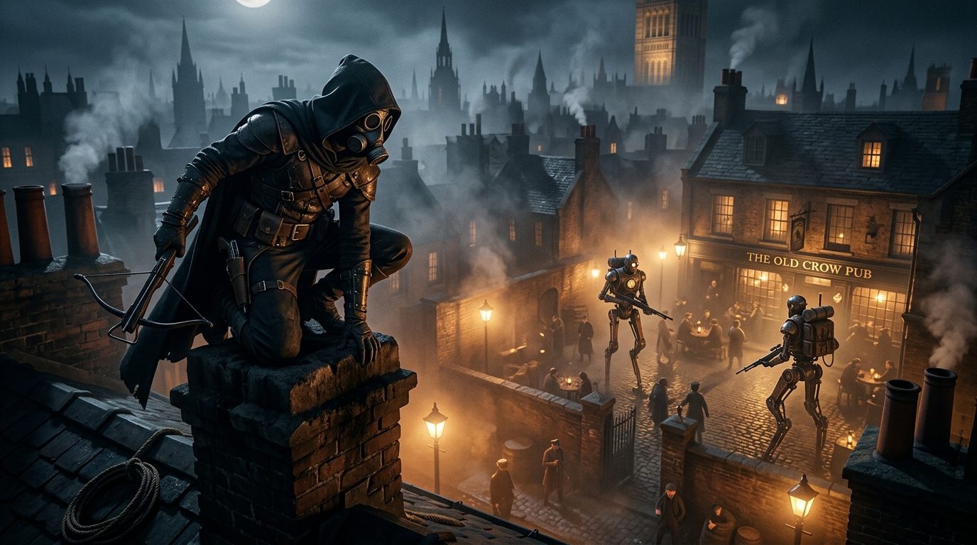 Corvo observant les patrouilles ennemies depuis les toits du Hound Pits Pub dans Dishonored