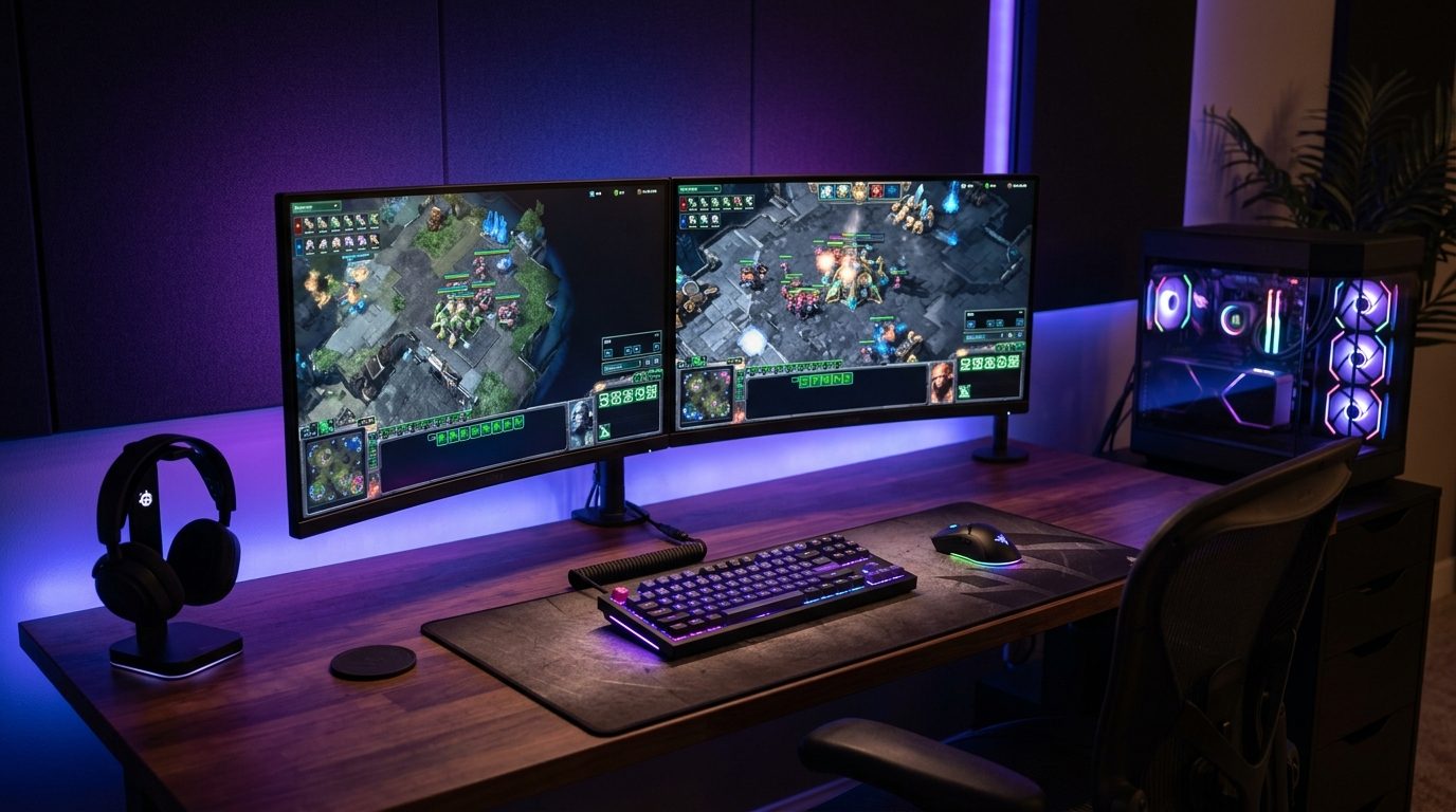 Poste de jeu compétitif éclairé aux néons bleus et violets pour Starcraft 2