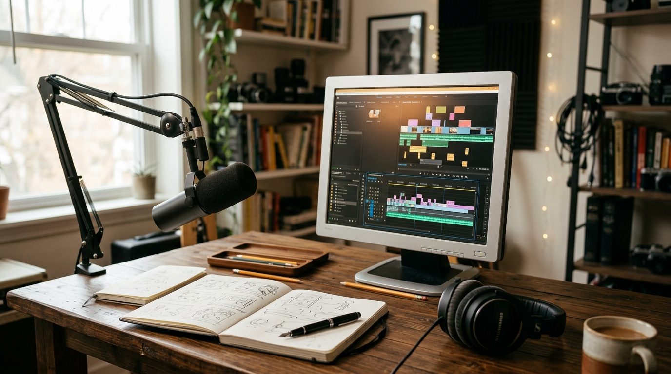 Bureau de créateur vidéo avec écran de montage et matériel audio