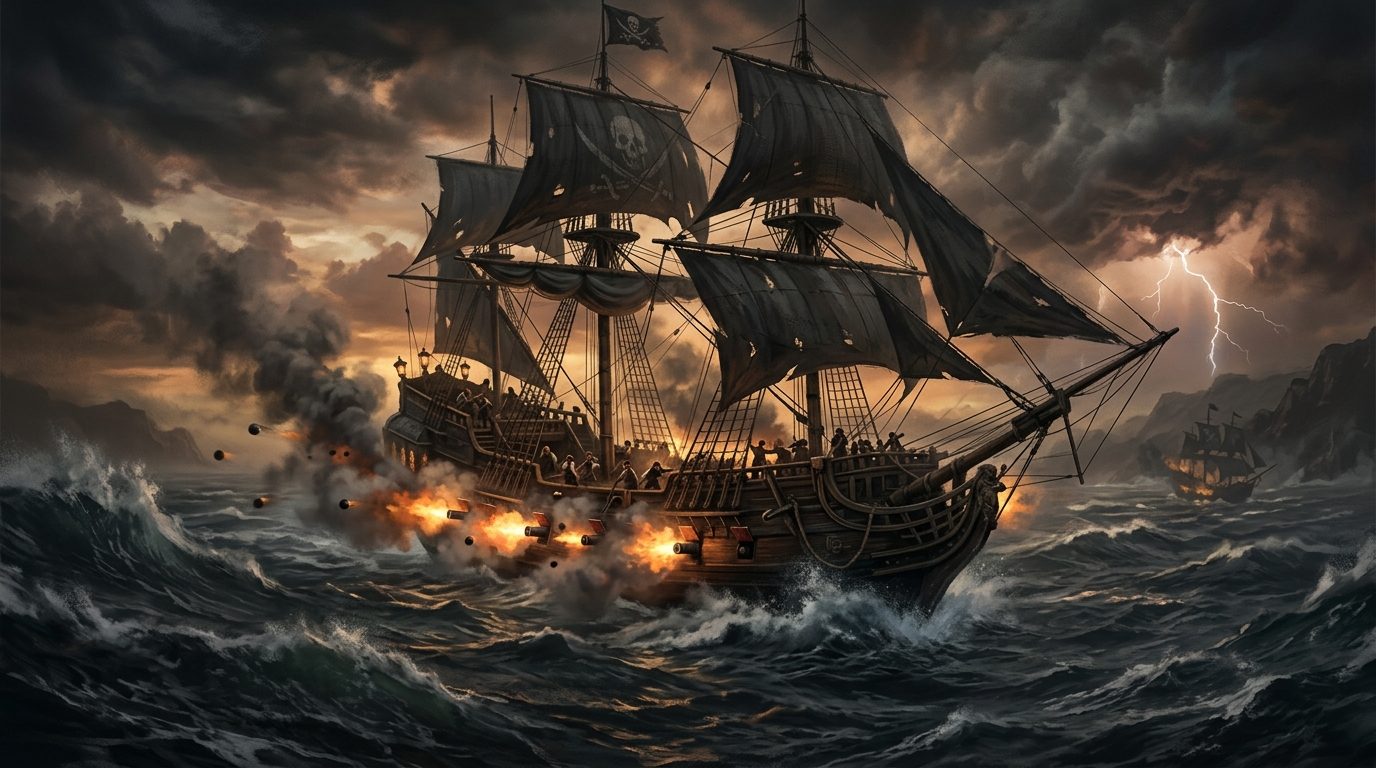 Navire pirate affrontant une tempête en pleine mer
