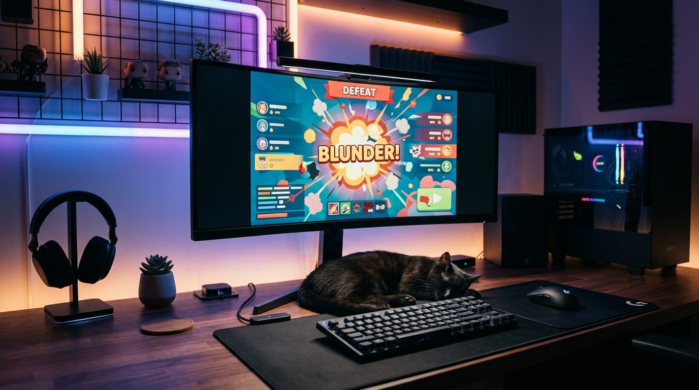 Bureau gaming nocturne avec écran allumé et chat noir assoupi à côté du clavier