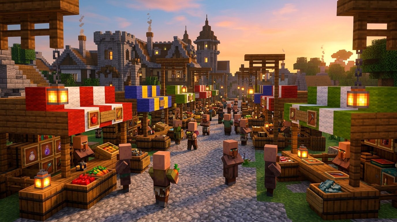 Minecraft : Comment réussir la construction d&rsquo;un marché médiéval en duo